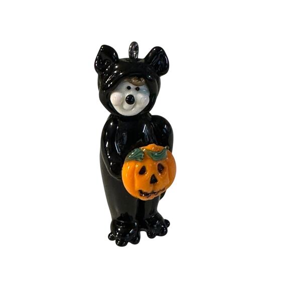 Handmade Lampwork Halloween Glass Bead Pendant - Bear in Costume With Pumpkin - Picture 1 of 3